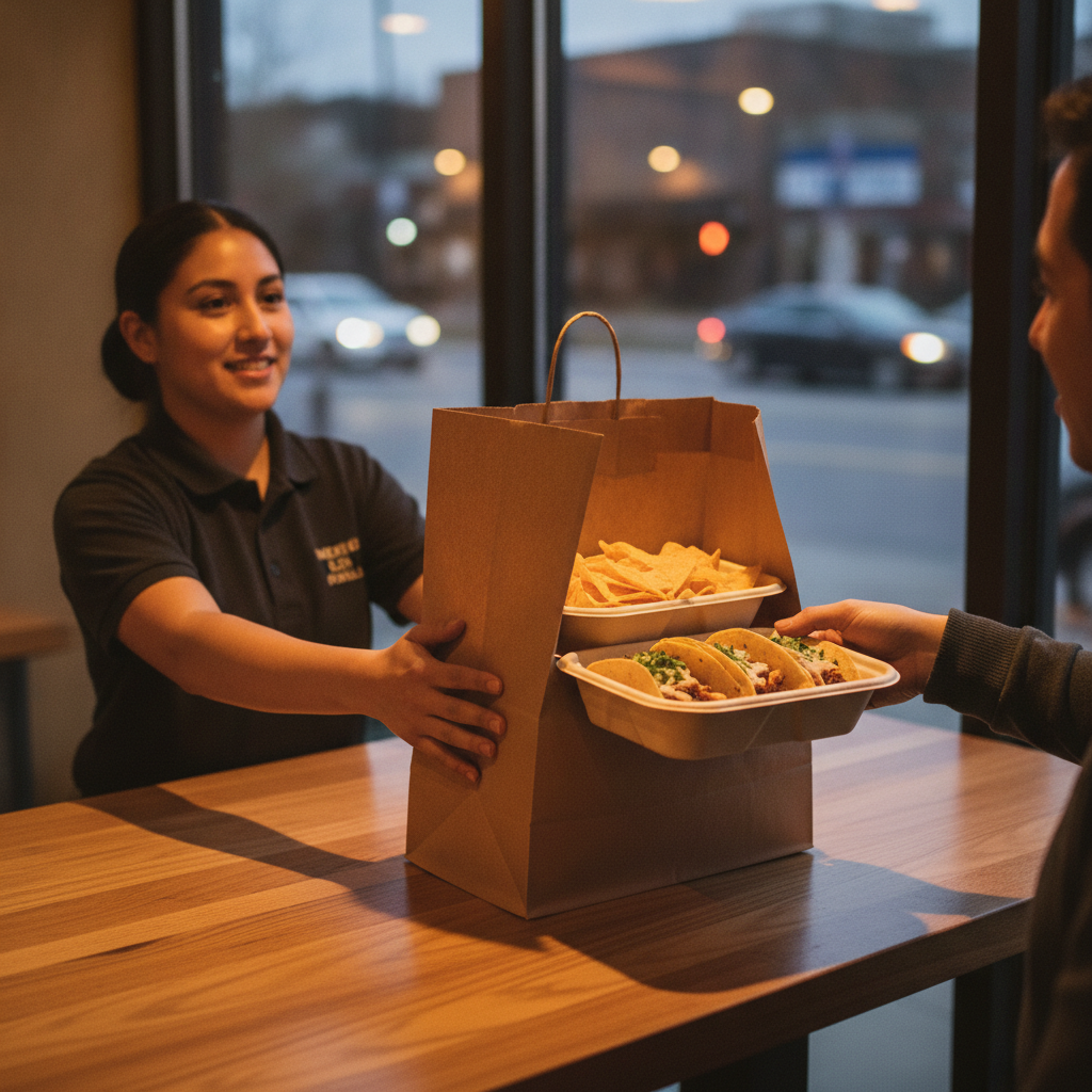 Takeout handoff at a Mexican grill counter with tacos and chips in eco-friendly containers for an evening pickup in Toronto