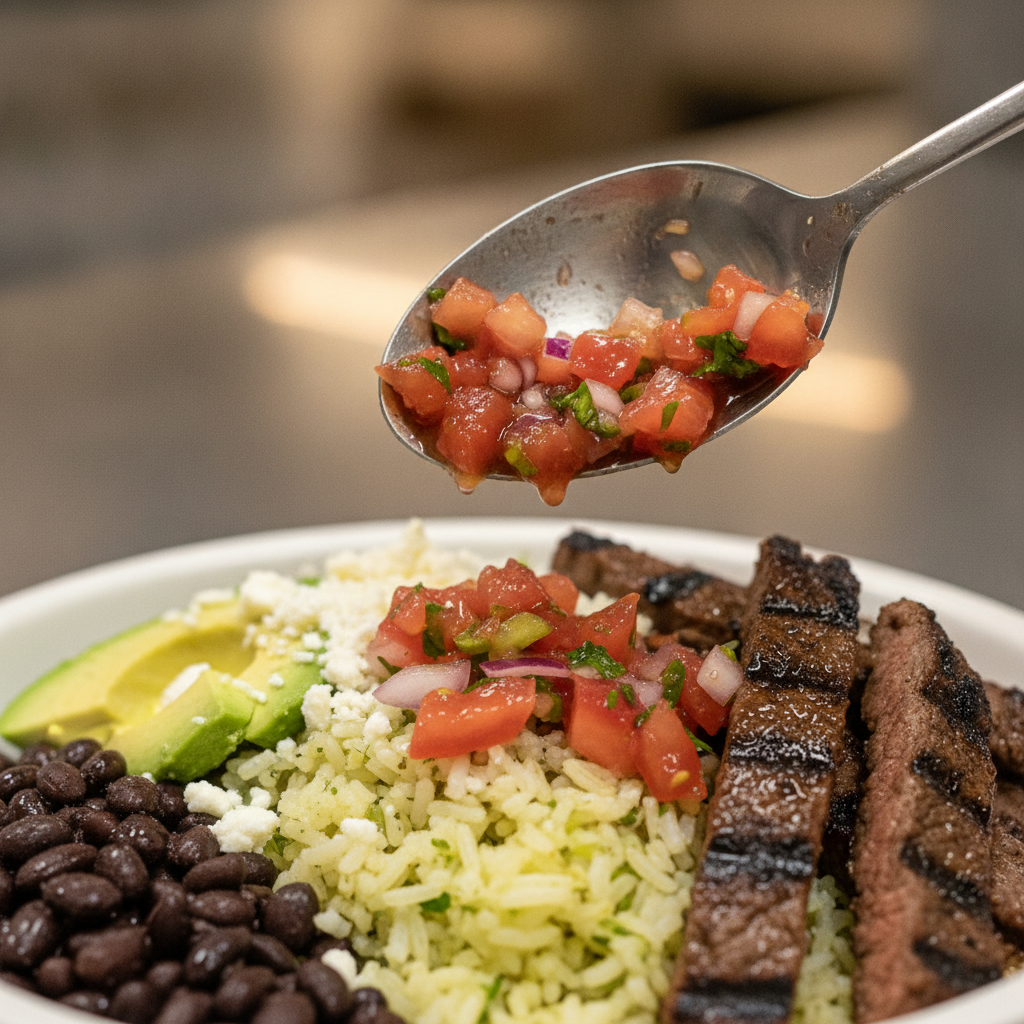 Burrito bowl assembly at a Mexican grill in Toronto with cilantro-lime rice, grilled steak, pico de gallo, avocado, and queso fresco