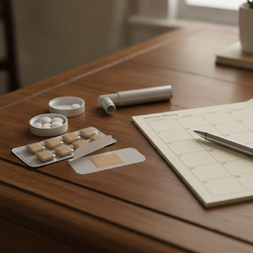 Nicotine replacement therapies arranged on a desk for a quit smoking program: patches, gum, lozenges, inhaler, with planner and pen