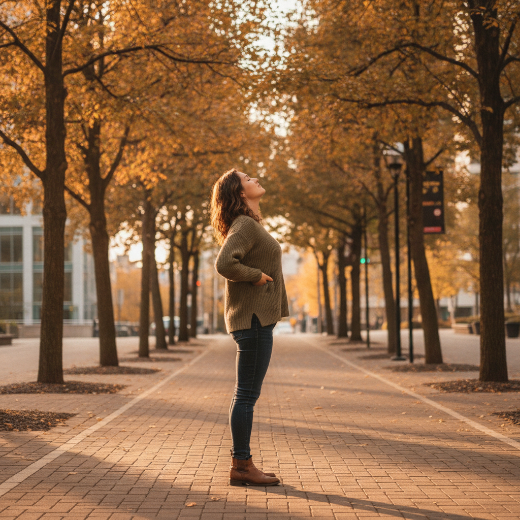 Ontario urban walkway at golden hour; person practicing a calming breath as part of a quit smoking program routine