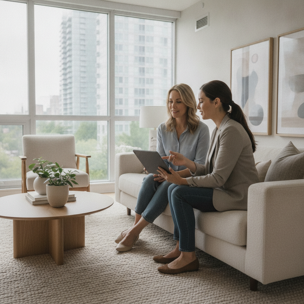 North York real estate consultation scene with agent and homeowners discussing listing strategy