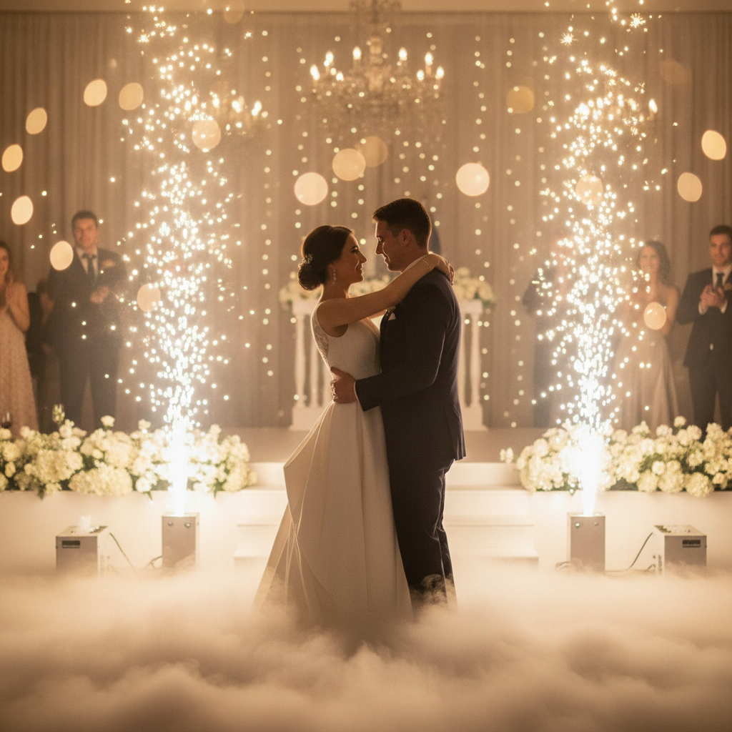 First dance with dry ice clouds and cold sparks near a modern wedding stage in the GTA