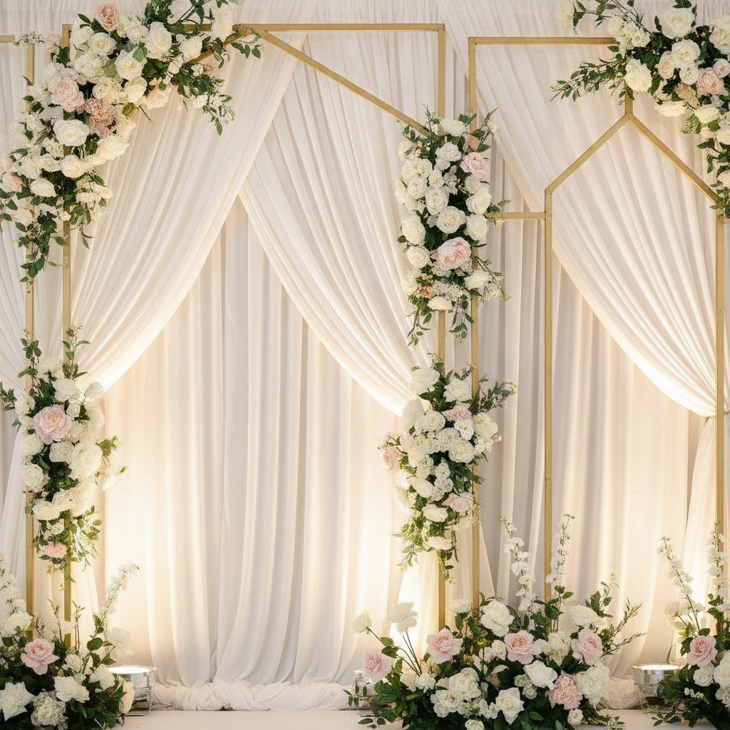 Close-up wedding stage décor with layered drapery and florals for a wedding stage design checklist