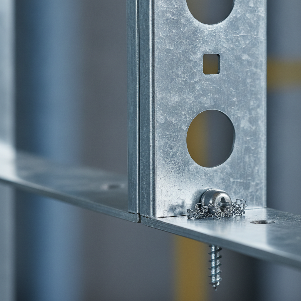 Close-up of light gauge steel wall stud seated in galvanized track with self-drilling screw, showing flanges and web punch-outs for metal framing