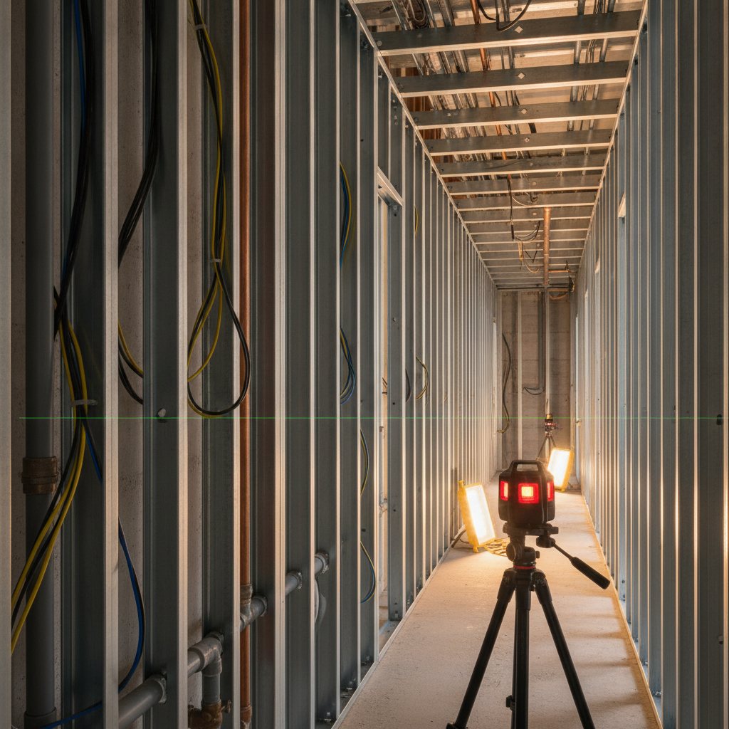 Side-angle corridor framed with steel studs showing bracing, rough-ins, and laser level for alignment in a commercial build-out