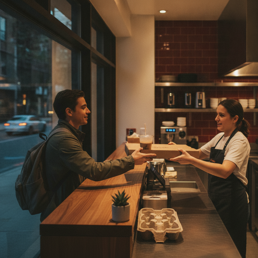 Bellissimo takeout counter handing a pizza box and chilled beverage to a guest in Edmonton’s Baranow neighborhood