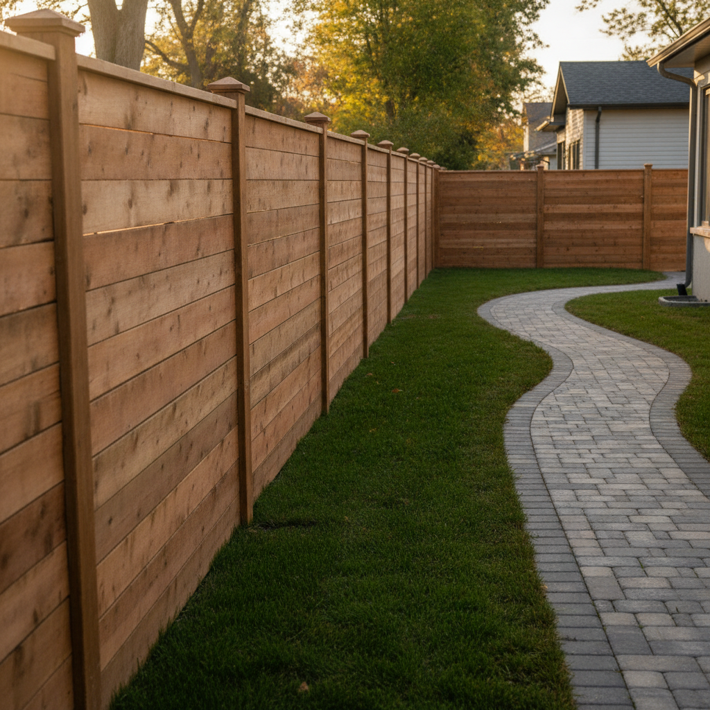 New cedar privacy fence beside an interlocking stone walkway and lush sod in a Mississauga backyard
