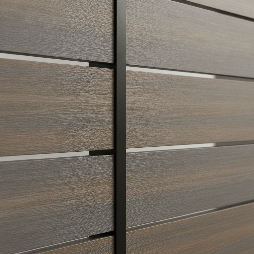 Close-up of composite fence boards with aluminum frame showing wood-grain texture and hidden fasteners in a Mississauga backyard