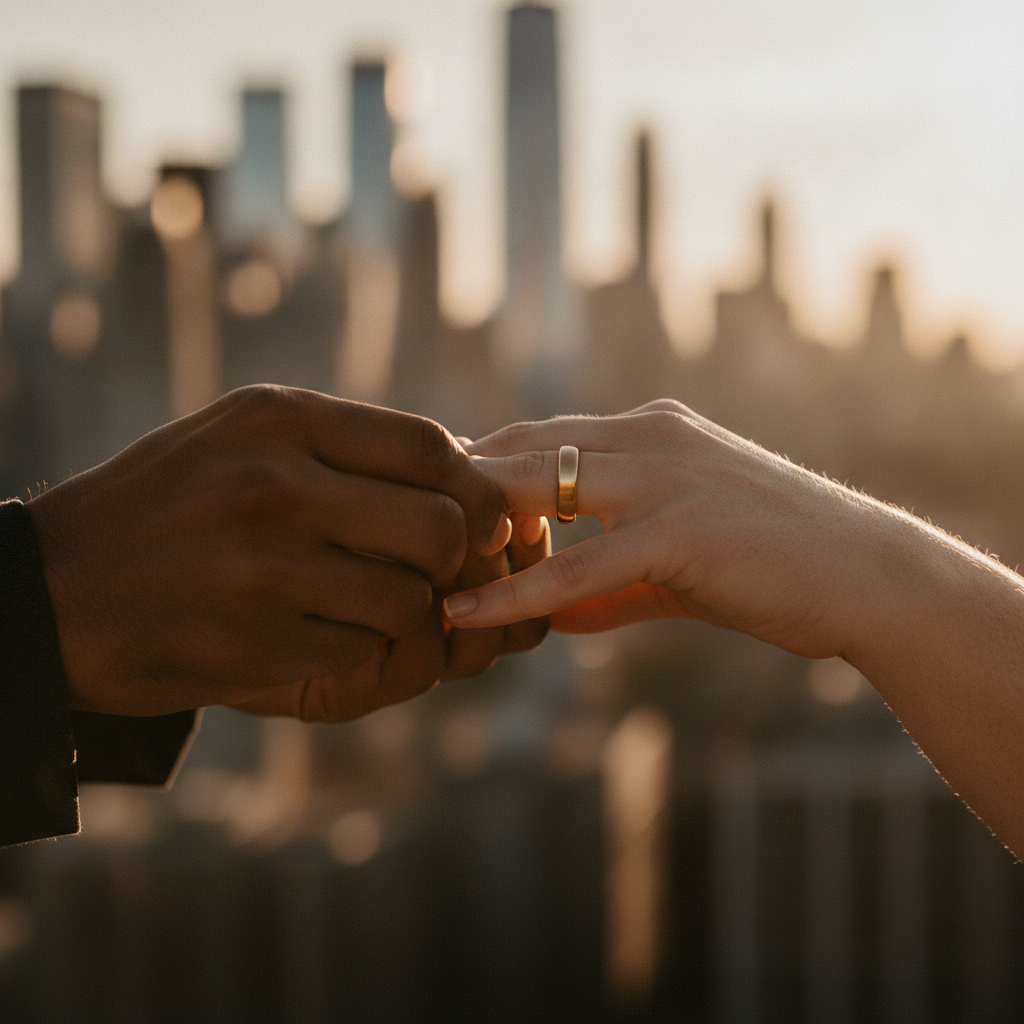 Lifestyle photo of two people exchanging matching 14k gold wedding bands with a warm Manhattan city backdrop
