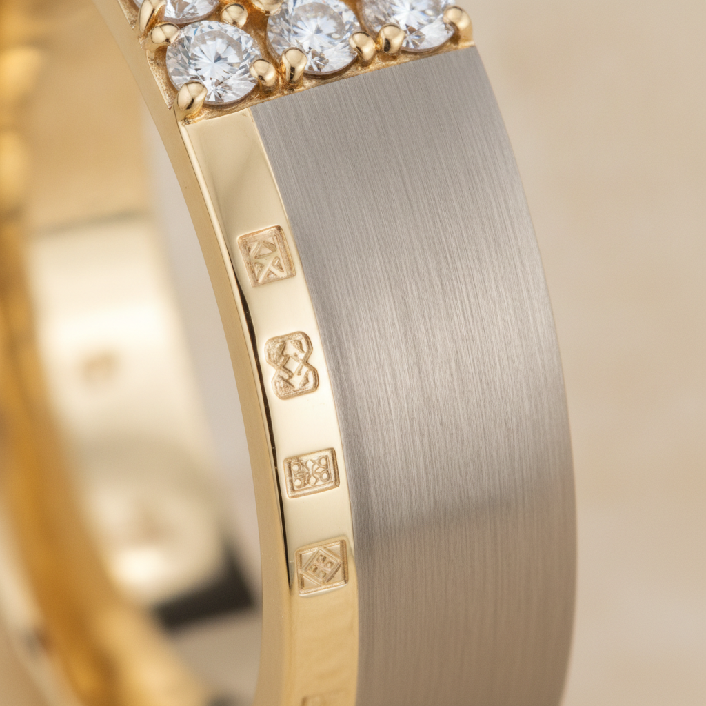 Macro close-up of a 14k gold wedding ring showing hallmarks, polished and brushed textures, and secure diamond micro-prongs