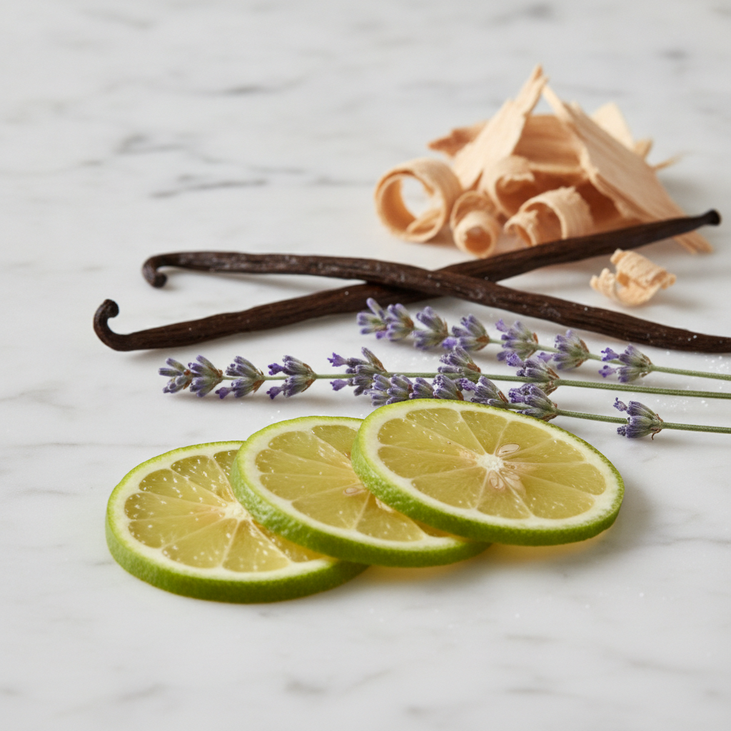 Close-up of genderless fragrance ingredients: bergamot, lavender, cedarwood, and vanilla bean on marble