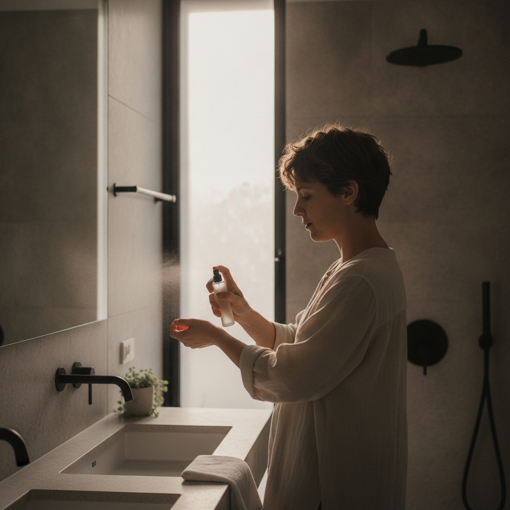 Applying a genderless perfume on the wrist in a modern bathroom with soft light