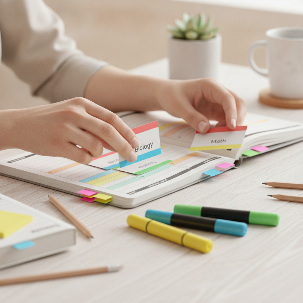 CCBA certification prep tips shown by close-up of color-coded flashcards and a study planner for BABOK practice