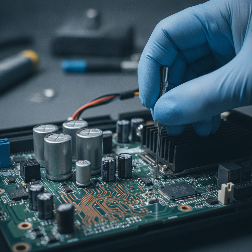 Close-up view of circuit board disassembly during e-waste recycling, showing gloved hands and copper traces for safe electronics processing