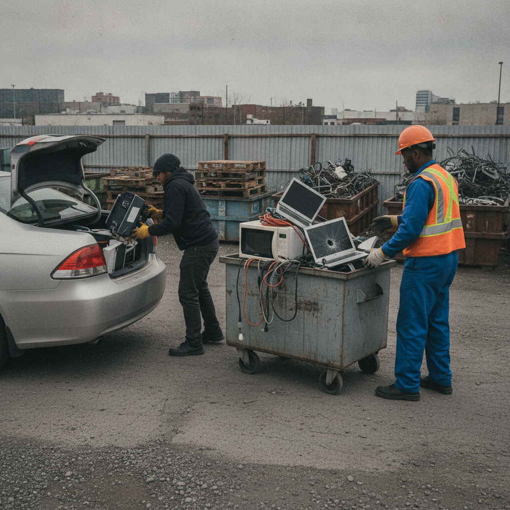 Customer unloading laptops, cables, and a microwave at an Etobicoke scrap yard drop-off area for e-waste recycling