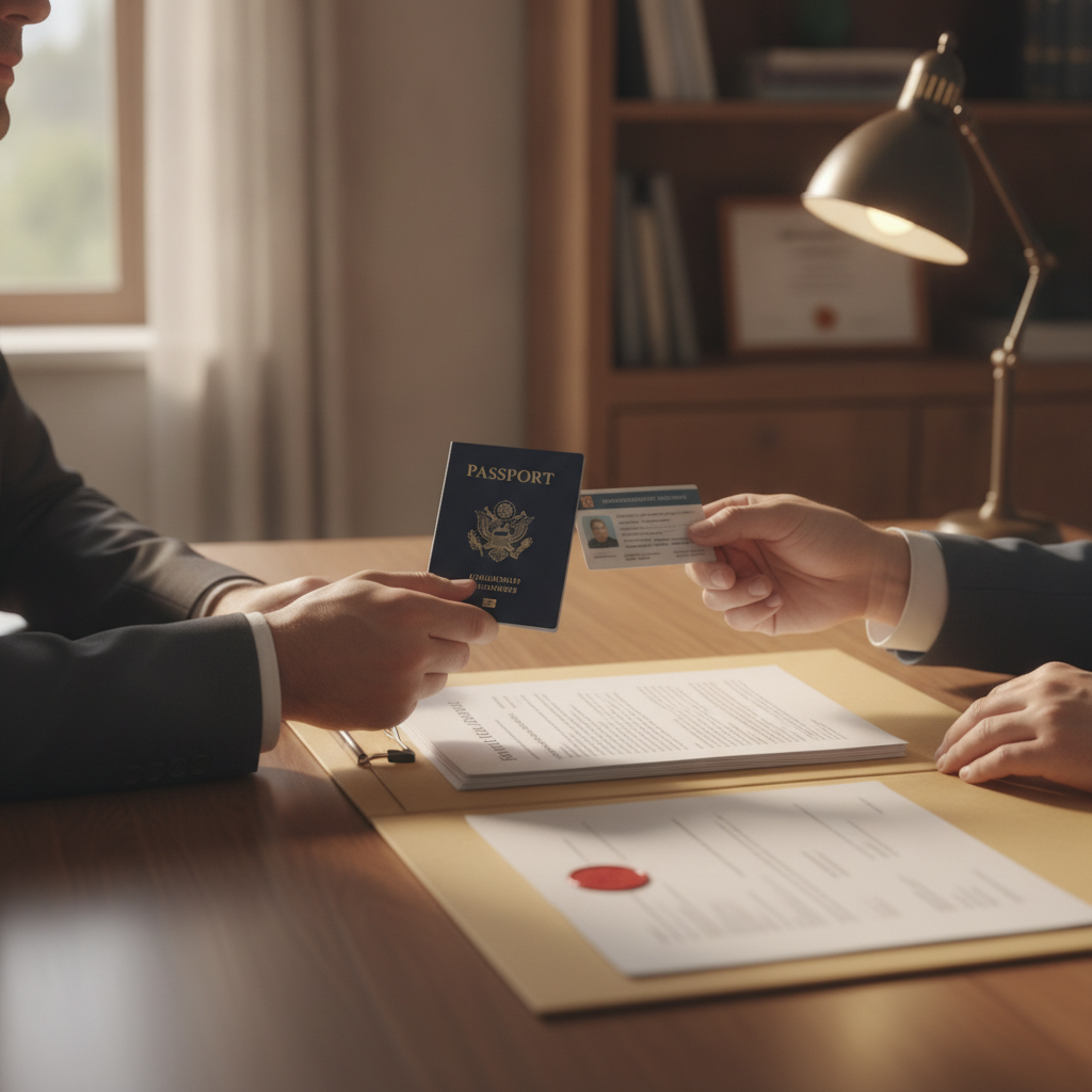 Client handing passport and government photo ID to a Toronto notary across a desk in Etobicoke