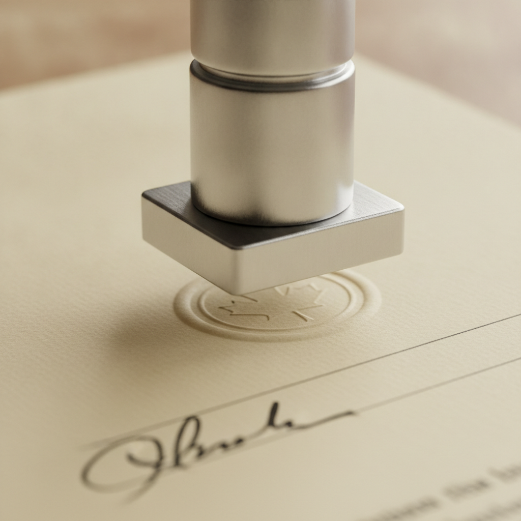 Close-up of a notary embosser sealing a Canadian legal document in Toronto, representing professional notarization services