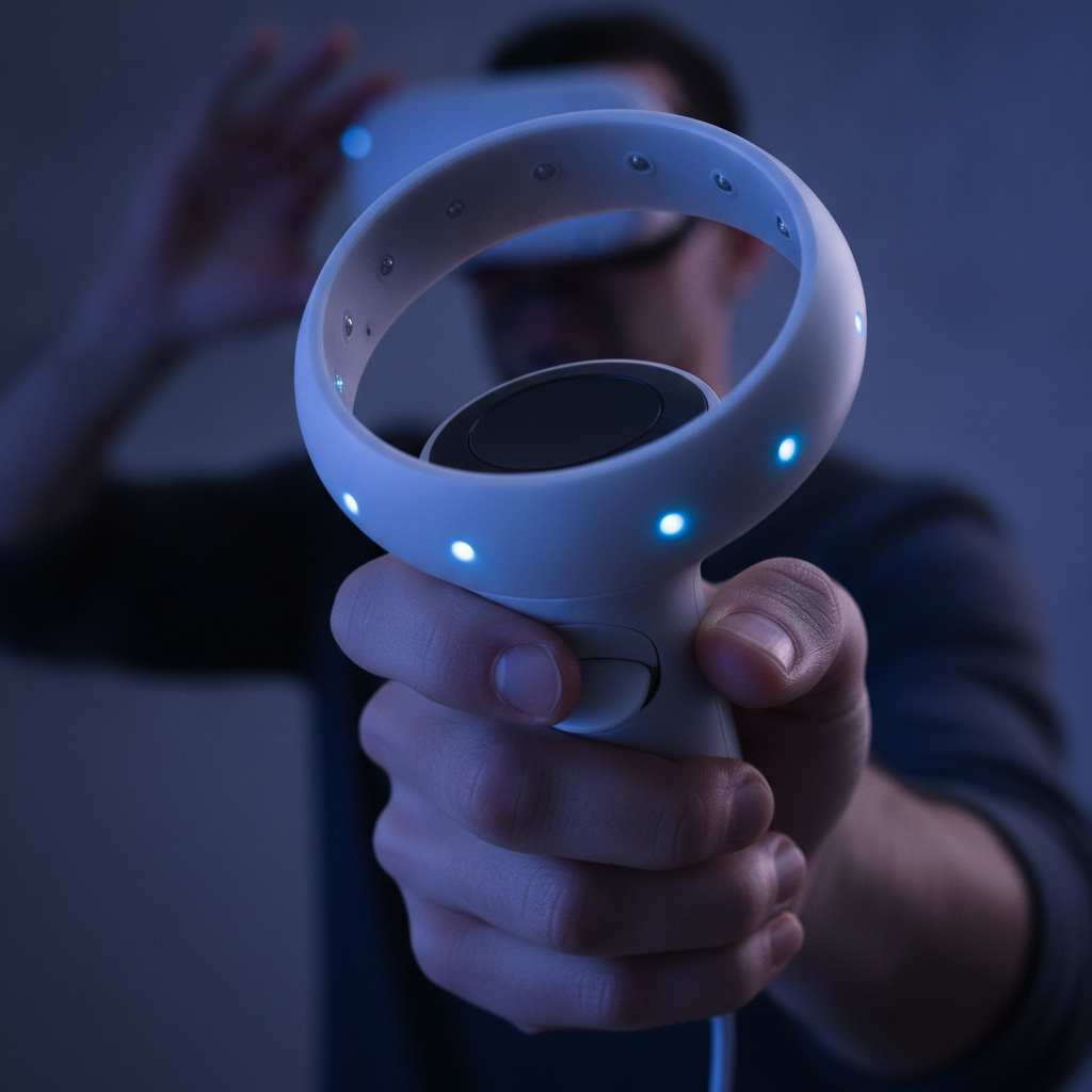 Close-up of VR motion controller used for room-scale gameplay at The Next Level VR arcade in London, Ontario