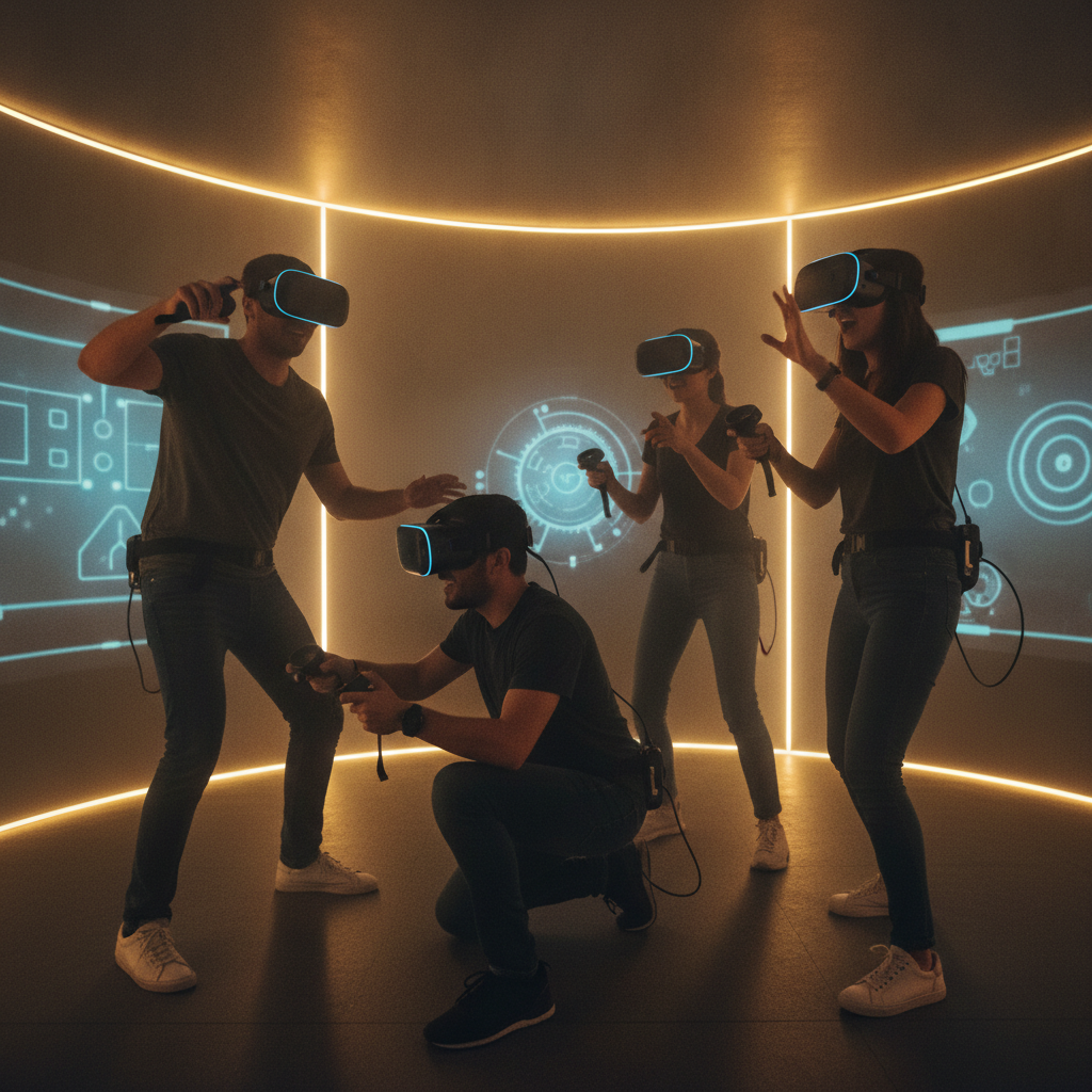 Group collaborating in a VR escape room at The Next Level in London, Ontario, working together on puzzles and celebrating wins