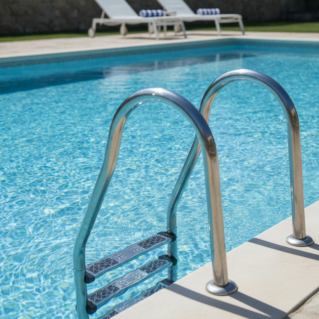 North Conway motel heated outdoor pool with stainless ladder and sunlit blue water at Briarcliff Motel