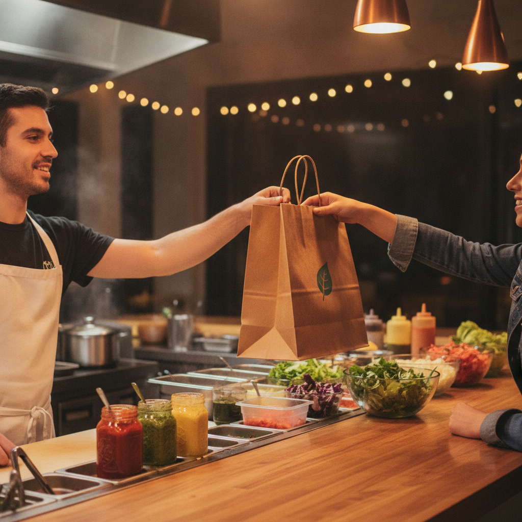 Takeout handoff at a shawarma counter in Toronto, illustrating the final step of the ordering process for pickup or delivery