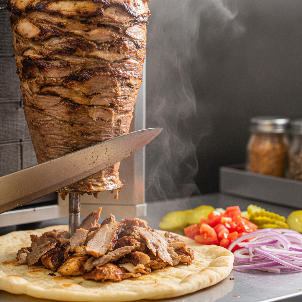Close-up of shawarma meat sliced onto flatbread with fresh toppings, illustrating the shawarma restaurant ordering process customization step