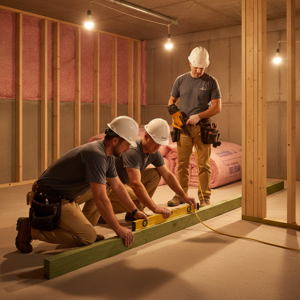 Crew framing an interior basement doorway with a level and pressure-treated sill, part of completing a legal basement entrance with proper fire separation and egress