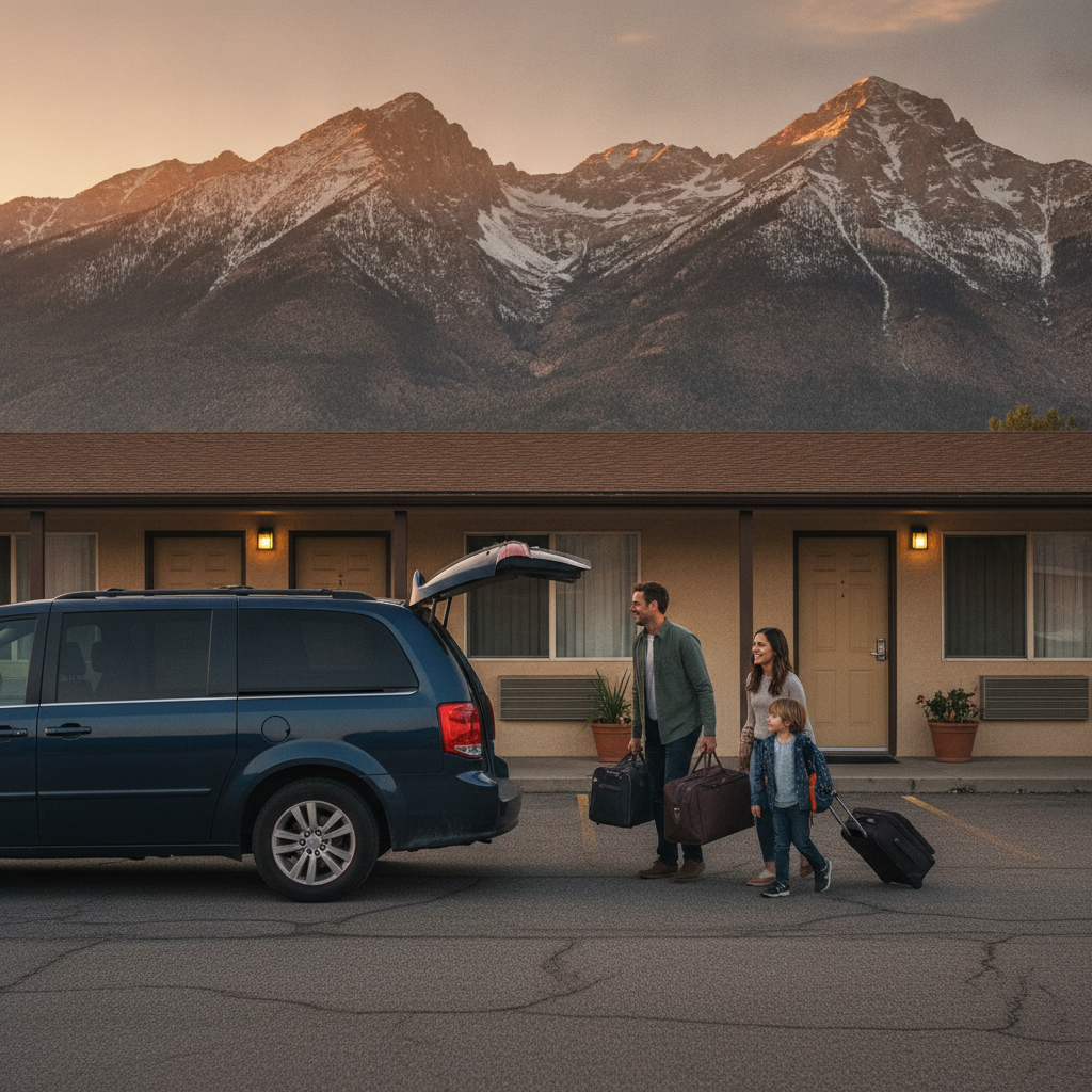Family unloading luggage at a North Conway motel parking area with mountain views, illustrating convenient parking by rooms at Briarcliff Motel