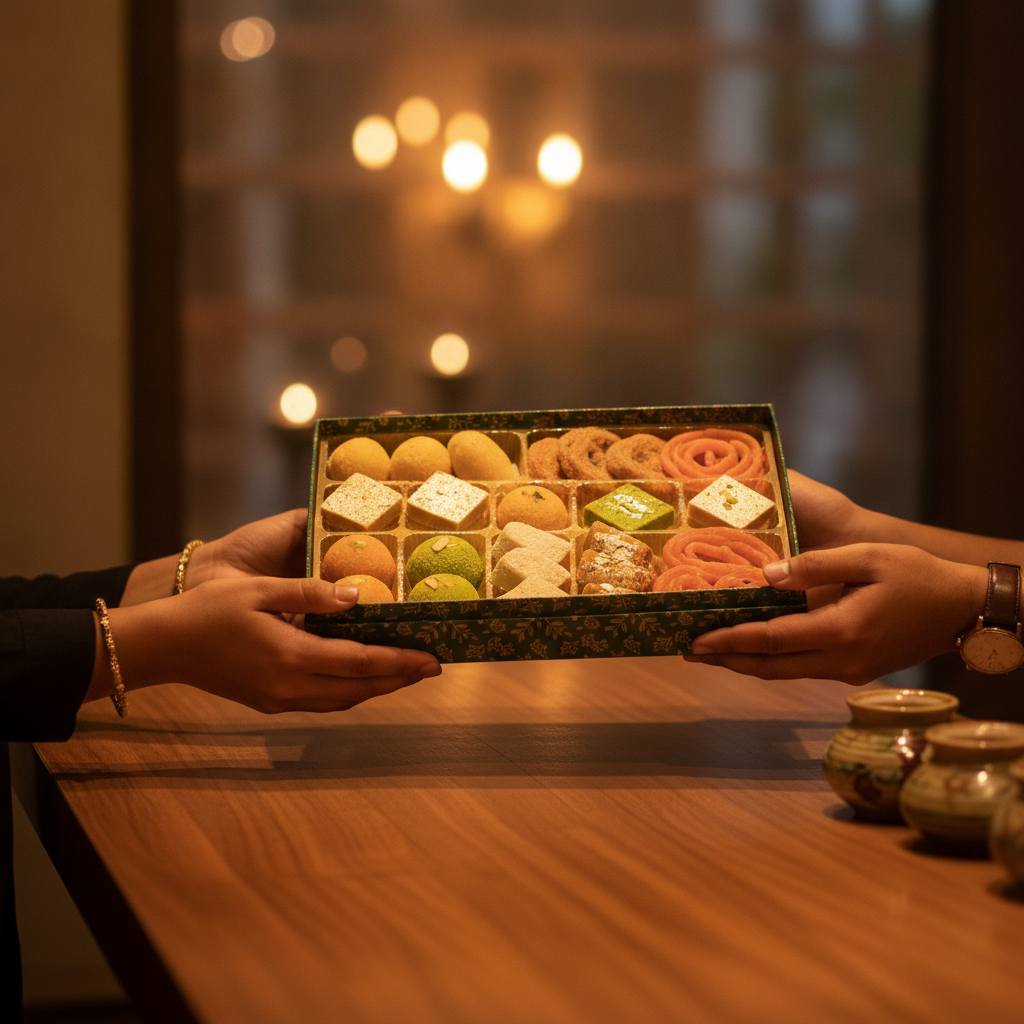 Elegant assorted Indian sweets gift box being handed across a counter in Brampton, perfect for festivals and weddings