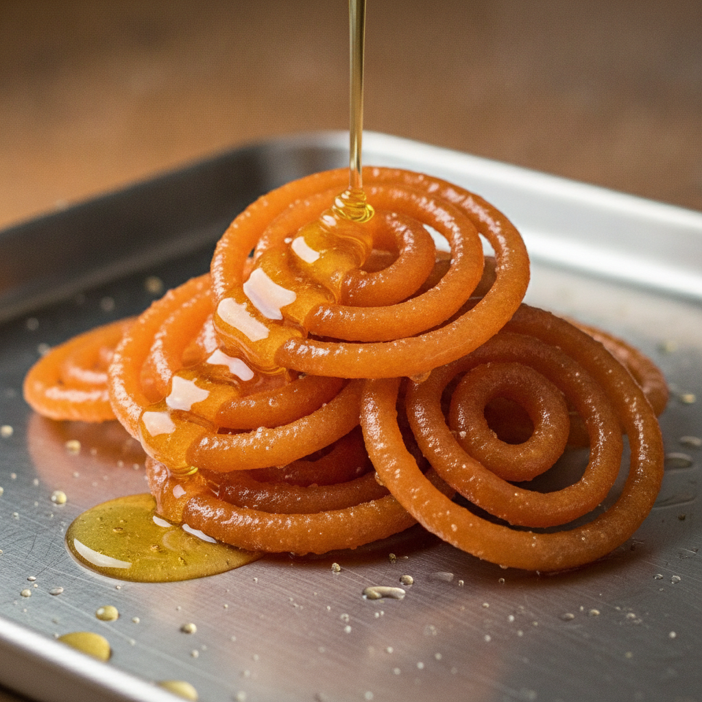 Close-up of desi ghee poured over hot jalebi at an Indian sweet shop in Brampton, glistening syrup detail