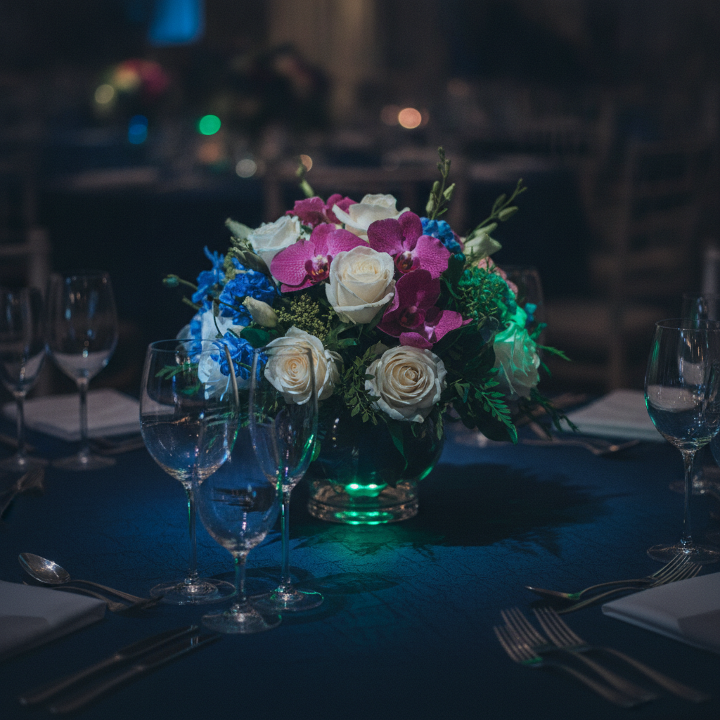 Close-up floral centerpiece with colorful LED uplighting reflecting on glassware at a prom venue table, illustrating décor planning from a school prom planning checklist