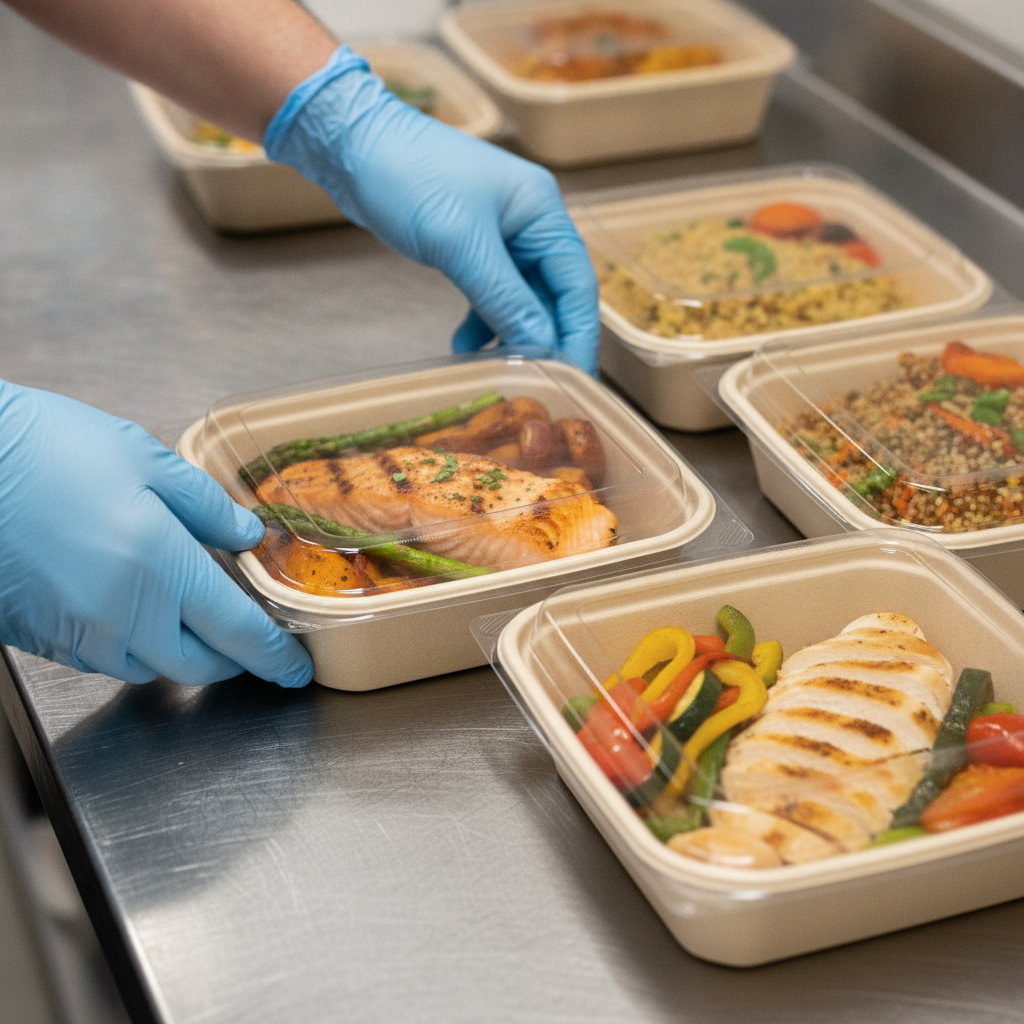 Individually packaged office lunches in compostable containers with clear labeling and colorful proteins for company lunch catering in Toronto