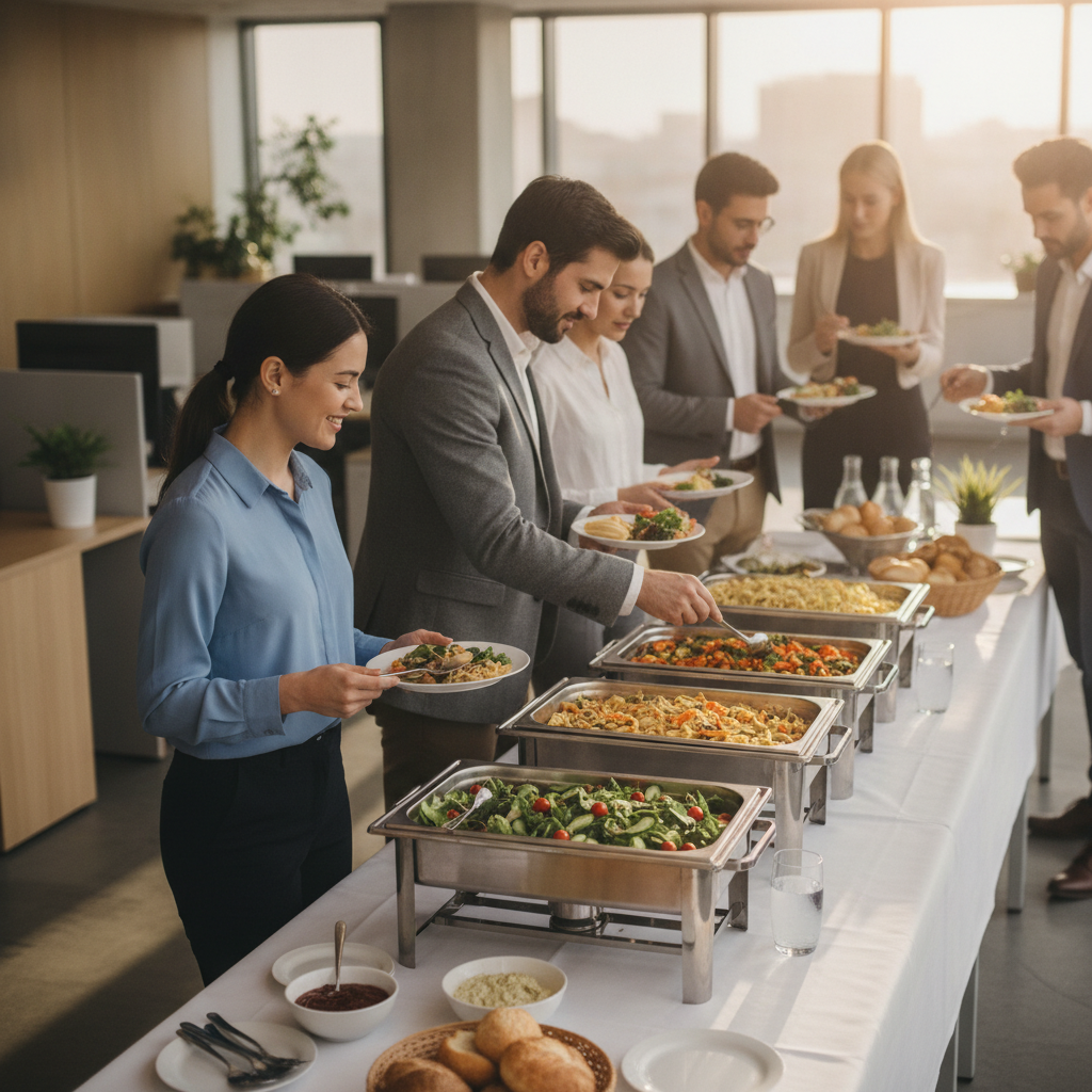 Team serving themselves from a buffet-style corporate lunch with Mediterranean and Mexican dishes in a modern Toronto office