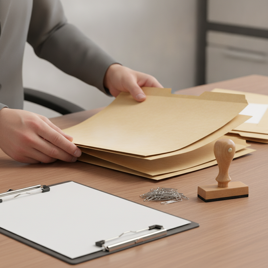 Detail shot of organizing unlabeled permit folders and stamps to avoid common licensing mistakes for startups