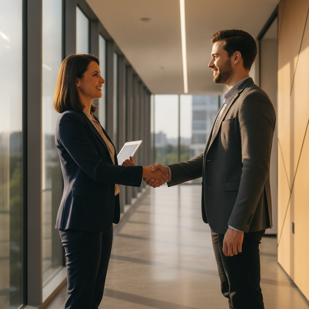 Business advisor greeting a founder, illustrating human-led licensing and permit support in Toronto