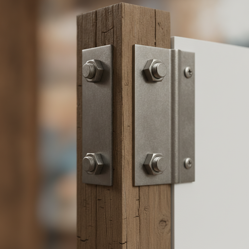 Close-up detail of rider sign brackets and bolts attaching a blank rider panel to a wooden post, illustrating how real estate riders mount