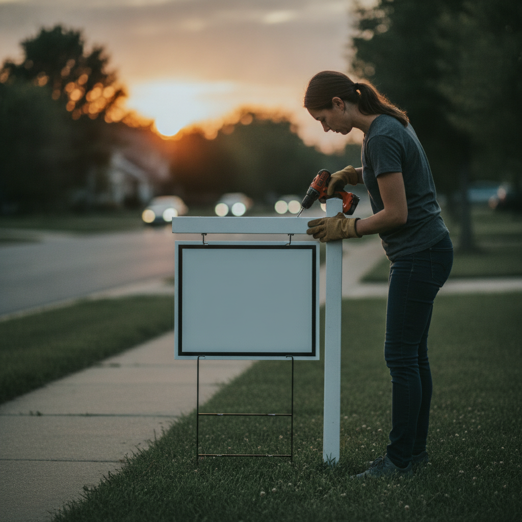 Real estate agent installing a blank rider panel on a yard sign at dusk, illustrating field use of rider signs for open houses and status updates
