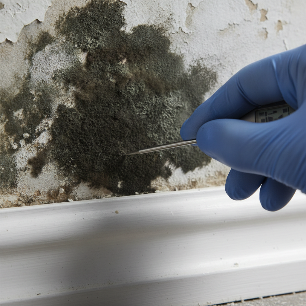 Close-up of black mold on drywall with technician checking moisture during professional mold inspection and testing