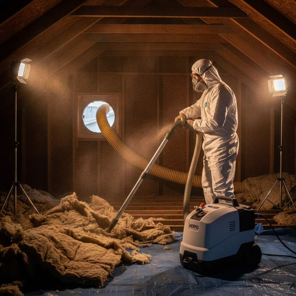 Attic mold removal in progress with HEPA vacuuming on rafters, partial insulation removal, and negative air setup