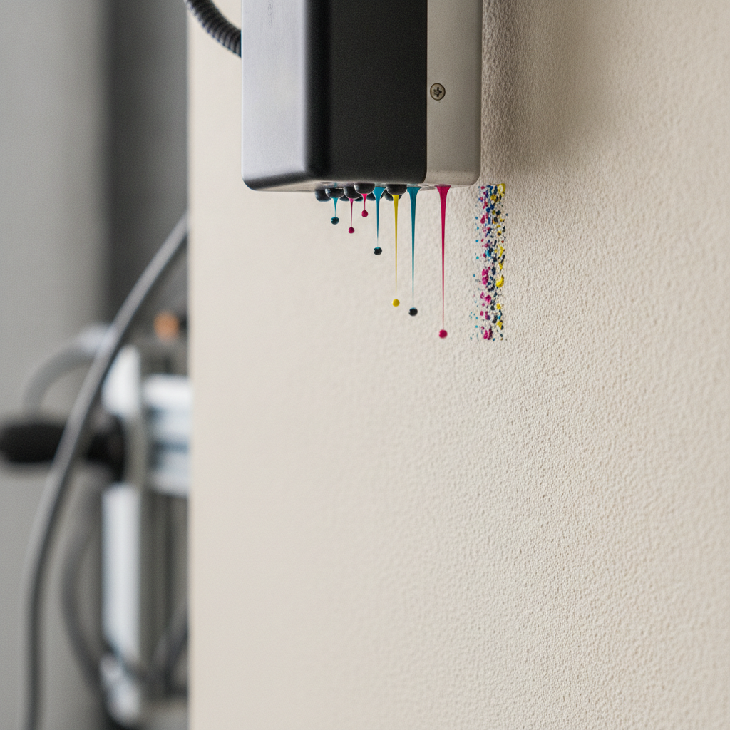 Close-up of UV direct-to-wall printer applying high-resolution CMYK ink for commercial branding