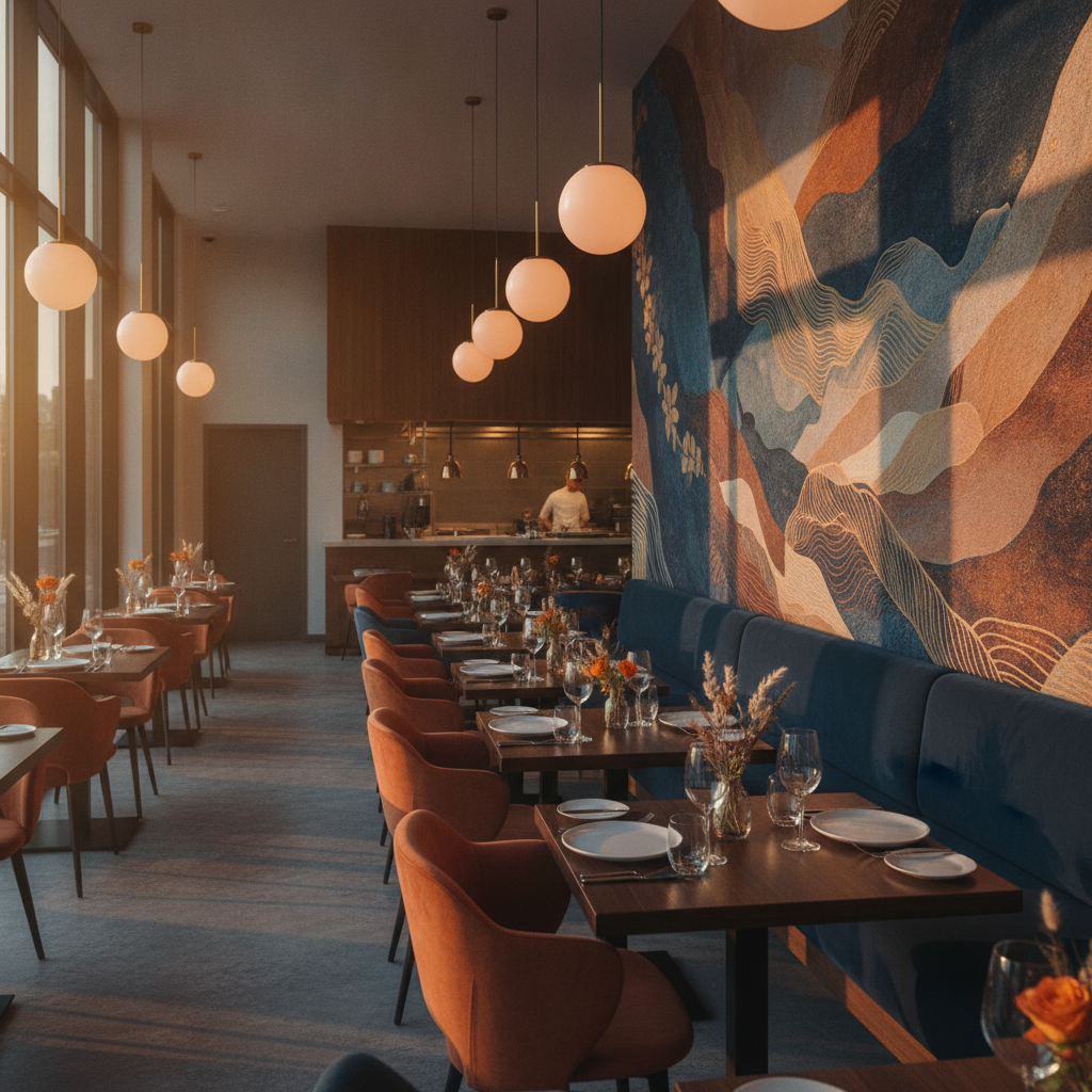 Branded restaurant feature wall mural showing cohesive color palette and on-brand ambiance for commercial branding