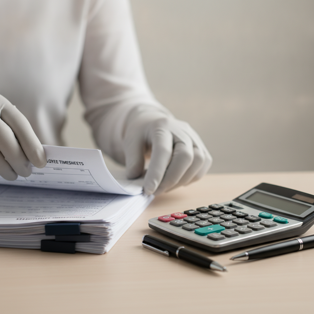 Close-up of payroll specialist organizing timesheets and superannuation forms for STP compliance