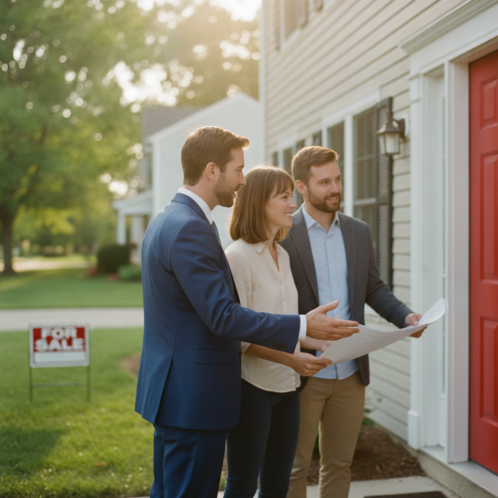 Realtor discussing counter offers with home buyers in front of a house—strategy conversation scene