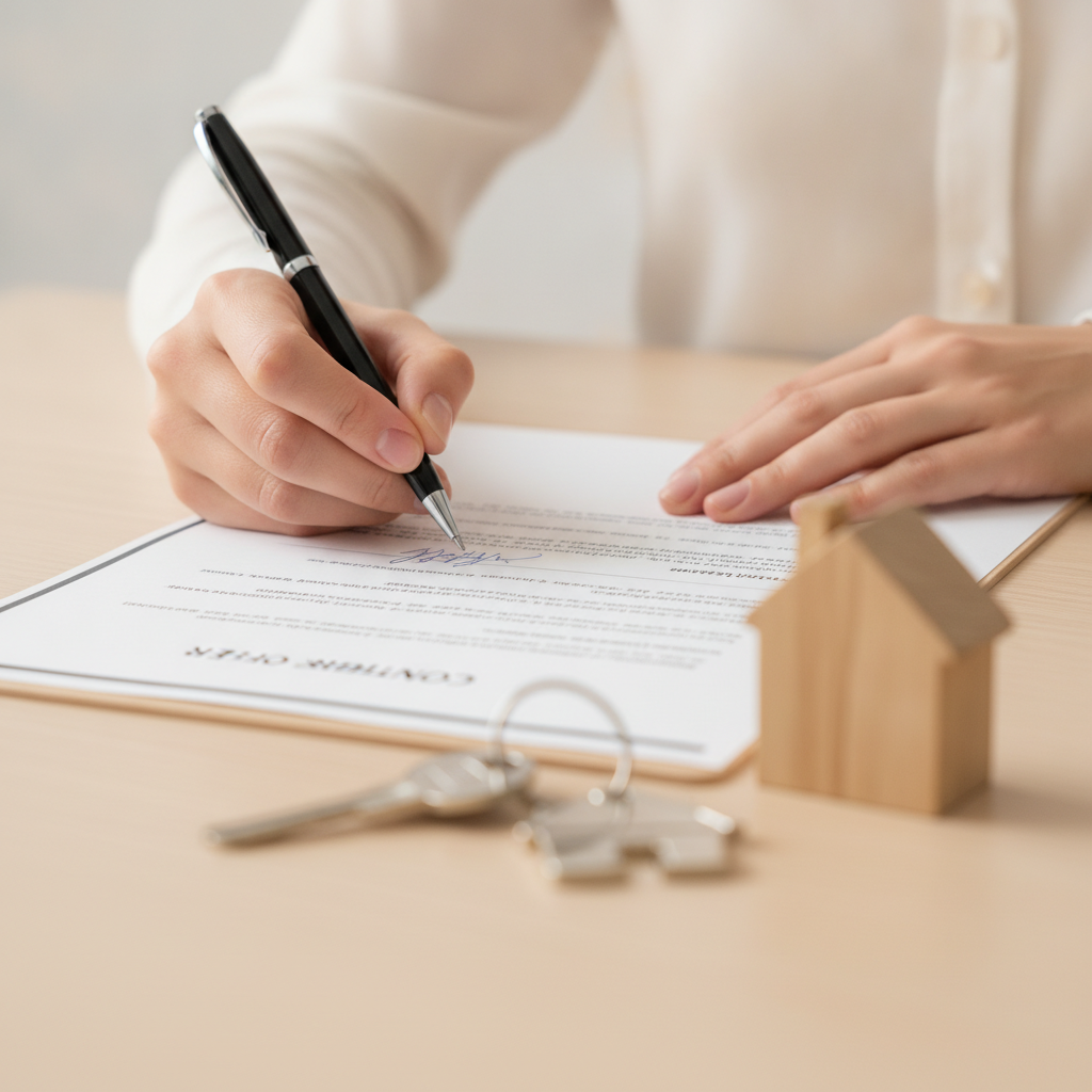Close-up of signing a counter offer during home buying with keys and contract—negotiation detail shot