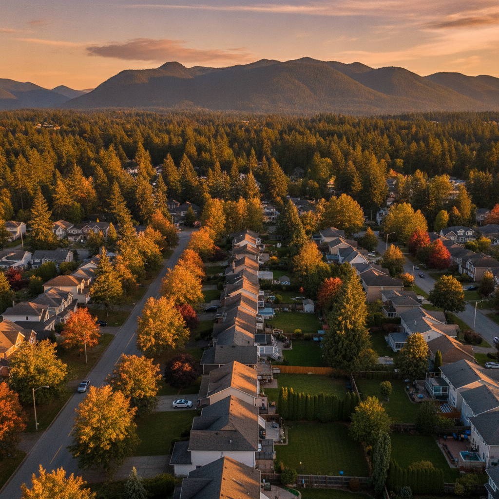 Aerial drone view of Maple Ridge neighborhood at golden hour for real estate photography and video context