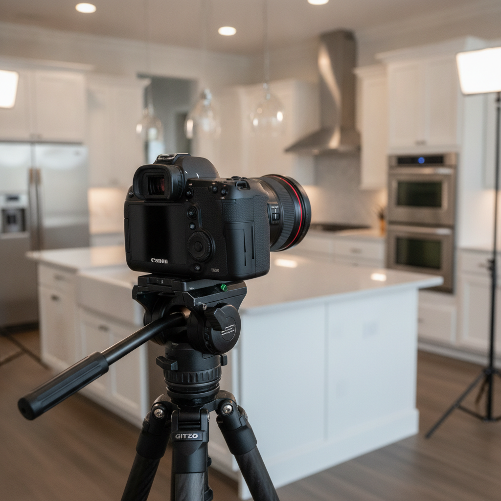 Close-up of professional camera on tripod capturing bright kitchen interior for real estate photography in Vancouver