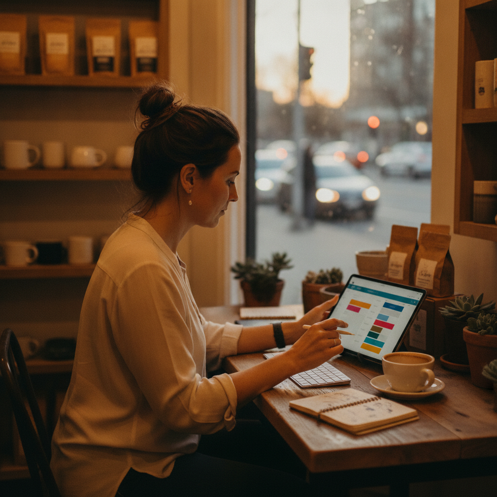 Small business owner scheduling automated blog and social posts in a storefront, showing hands-free publishing benefits for local SEO