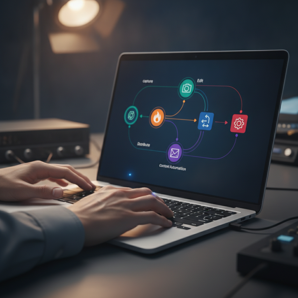 Close-up of AI content automation workflow on a laptop, illustrating automated content generation software optimizing quality and structure