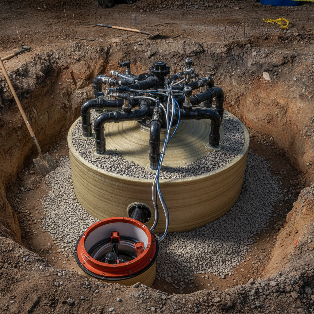 Underground fuel tank installation close-up for gas station builders in Texas with piping manifolds and leak detection