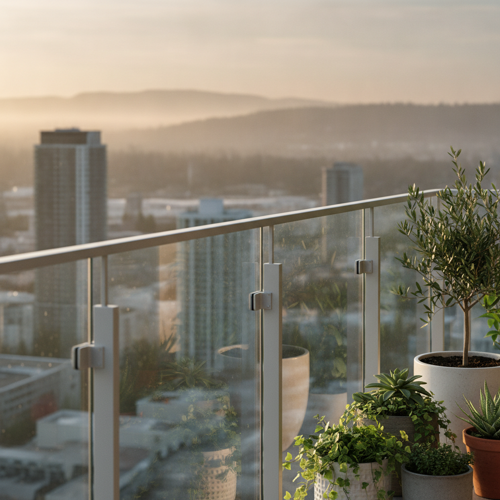 Condo balcony detail with glass railing and city view used to compare houses and condos by outdoor space and lifestyle fit